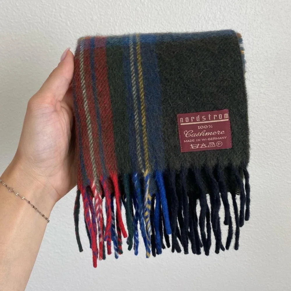 Vintage Nordstrom Cashmere Green and Red Fringe Plaid Scarf Made in Germany